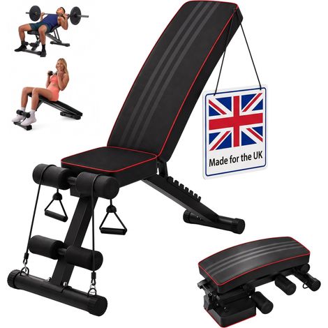 Relaxdays Weight Bench, max. 150 kg, folding, adjustable, 2 resistance bands, 4-in-1 workout, home gym bench, black (1/5)