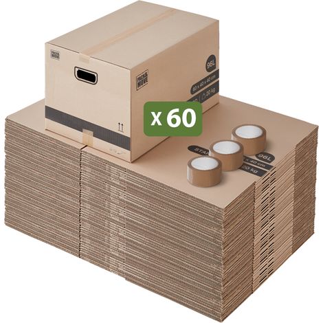 Lot de 60 cartons déménagement L larges 40 x 60 x 40 cm – Poignées renforcées – Capacité 15 kg – Carton ondulé robuste – Pack And Move