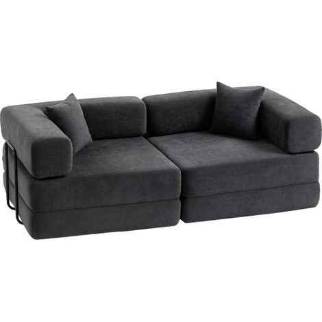 Divano Letto 2 Posti Pieghevole 198x100x69 cm con 2 Cuscini Braccioli Larghi in Ciniglia Grigio Scuro (1/5)