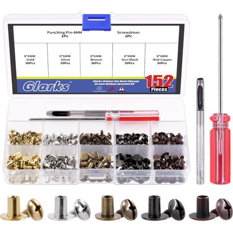 Lot de 150 vis Chicago rondes à tête plate de 8 x 6 mm, rivets en cuir 5 couleurs, avec perforateur et tournevis pour travaux manuels en cuir, vêtements, chaussures, ceintures, sacs (1/5)