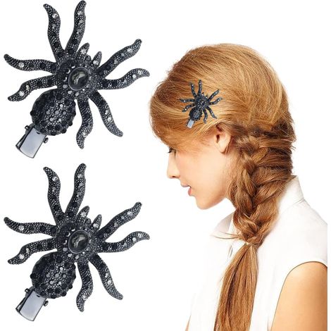 Lot de 2 épingles à cheveux noires araignée pour Halloween - design rétro en strass moulé - accessoires de coiffure gothiques pour femmes (1/5)