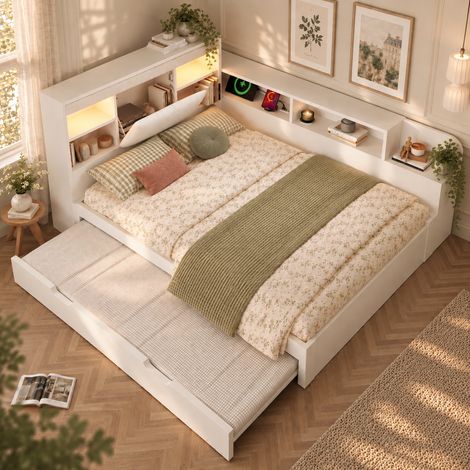 Canapé-lit banquette 140x190 cm avec lit gigogne et sommier à lattes, cadre en bois à tête de lit rembourrée simili cuir, lampes de lecture, station de charge USB et étagères, blanc, sans matelas (1/5)