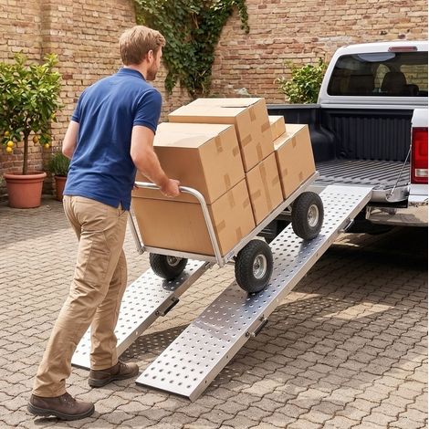 Rampe de chargement pliable 180x25,5x6,5 cm en métal argenté, modulable pour garage FLORAGRACE (1/5)