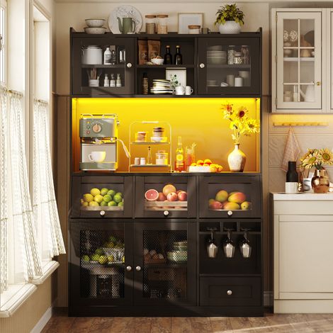 Mueble de cocina 120 x 40 x 181,7 cm con LED, USB y puertas de vidrio negro DESVIAE (1/5)