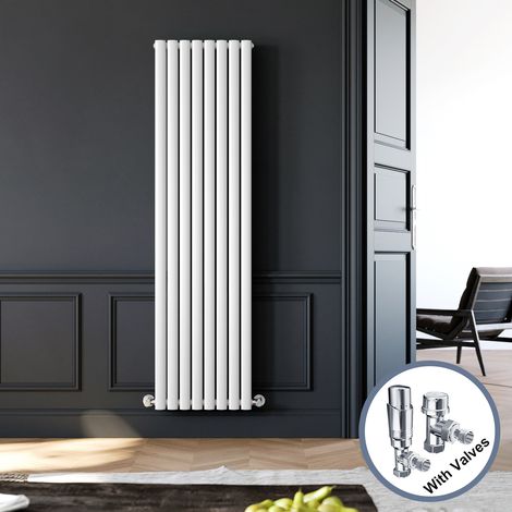 ELEGANT 1800 x 480 mm White Vertical Column Radiator Double Oval Panel Designer Bathroom Radiator + Chrome Thermostatic Radiator Valves (1/5)