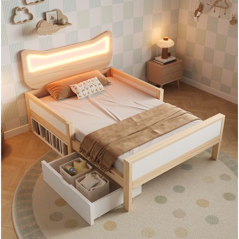 MEUBLIV Letto 90x190 bianco/rovere, testiera gatto LED RGB, contenitore, senza materasso (1/5)