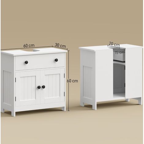 Freistehender weißer Waschbeckenunterschrank mit Schublade und 2 Türen, 60 x 30 x 60 cm (1/2)