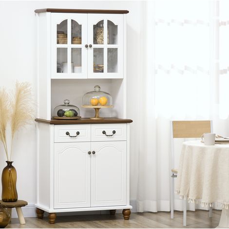 Credenza da cucina 76/38/182 cm bianca con vetri e 2 cassetti (1/5)
