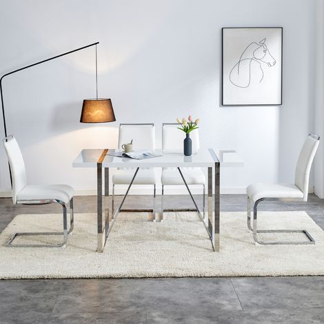 Set di 2 sedie da pranzo con schienale alto in ecopelle e lino, bianco (1/5)
