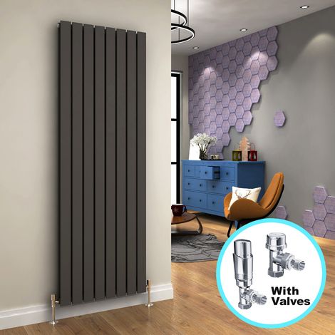 ELEGANT 1800 x 608 mm Vertical Designer Radiator Anthracite Double Flat Panel Column Tall Upright Central Heating Radiators + Chrome Thermostatic Radiator Valves (1/5)
