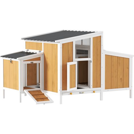 PawHut gallinero para exterior de madera 145x90x92 cm para 2-4 gallinas con nido, casa lateral, bandeja extraíble, techo impermeable, amarillo