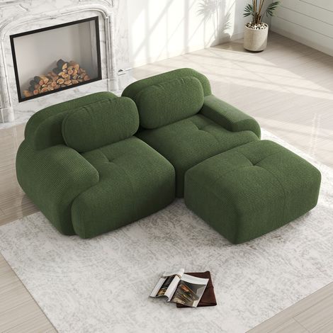 Canapé d’angle modulaire in tessuto a coste verde, senza montaggio, design ergonomico con braccioli curvi (1/5)