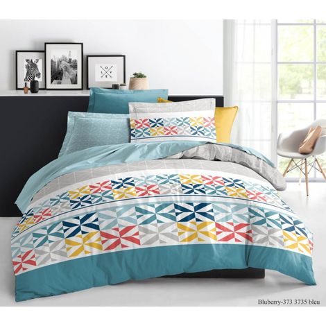 Parure de couette 3 Pièces réversible 260 x 240 cm King Size "Blueberry Bleu" Coton Pur -  -