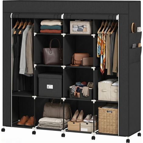HOMCOM armario de tela con ruedas, 2 barras para colgar, 10 compartimentos, cremallera, marco de acero, 166x42,5x167 cm, negro (1/5)