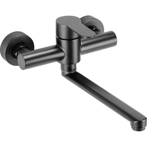 Wall-Mounted Kitchen Faucet, Stainless Steel Wall-Mounted Kitchen Mixer Tap, 360° Swivel for Kitchen Sink, Adjustable Hot and Cold Water, Adjustable Mounting Holes, 23cm Swivel Arm, Black