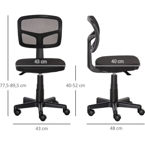 Chaise bureau ergonomique hauteur réglable pivotante, gain de place sans accoudoirs, assise maille respirante, pour bureau télétravail, noir (1/5)