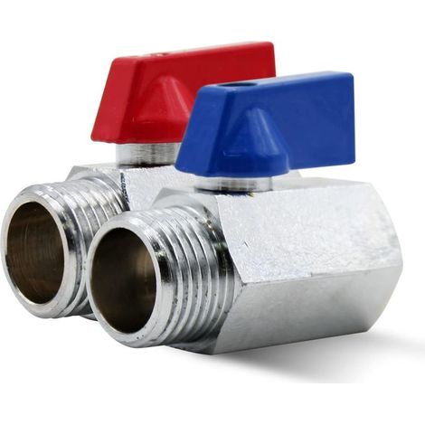 Mini Vanne Arret 2 Robinet d'Arrêt 3/8” PN16 Male-Femelle Laiton 2 Manettes Metal Bleu et Rouge Vanne Quart de Tour pour Reducteur de Pression Eau, Robinet WC, Plomberie (1/5)