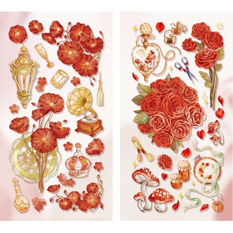 2 Étiquettes rétro pour scrapbooking, fleurs dorées, papier gaufré, autocollants esthétiques longue durée faciles à appliquer pour journal intime rouge (1/5)