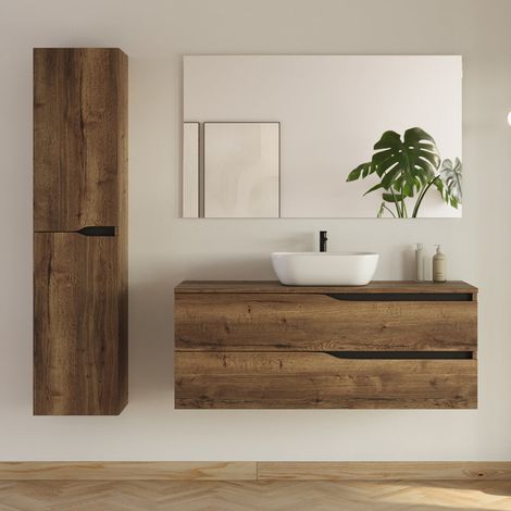 Meuble de salle de bain 120cm avec plateau et vasque arrondie Zeus - 2 tiroirs et colonne de rangement - tabaco (chêne foncé) - LUNA