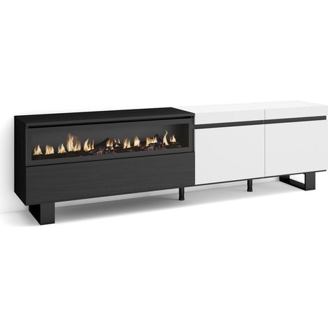 Meuble TV Banc Télé Grand Espace de Rangement 200x57x35cm pour Les TV jusqu'à 80" Cheminée électrique Design Industriel Style Moderne Blanc et Noir (1/5)