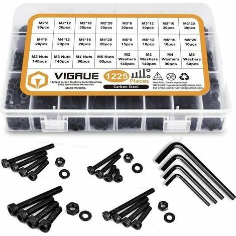 Kit d'assortiment de 1225 vis à tête hexagonale en acier au carbone M2, M3, M4 et M5 avec écrous (noir), par DEBUNS (1/5)
