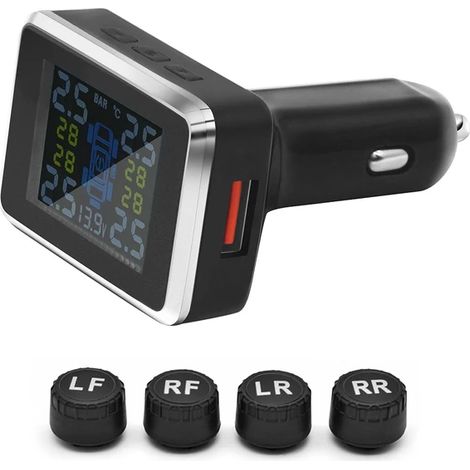 Système de surveillance de la pression des pneus sans fil (noir) avec capteurs numériques et alarme d'avertissement externes et écran LCD. (1/5)