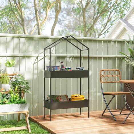 Estantería para plantas de 2 niveles con forma de casa, 150 cm, con ganchos, metal negro HAVRYA (1/5)