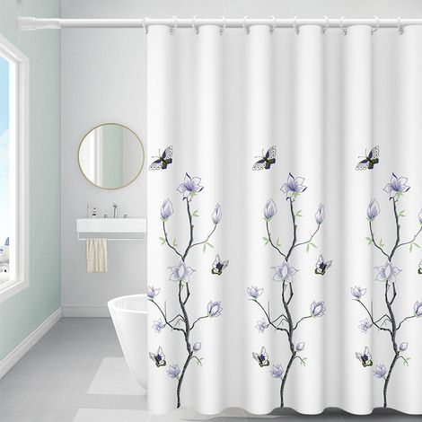 Rideau de douche hydrofuge anti-moisissure en polyester lavable avec crochets Motif fleurs et papillons Ourlet lesté 180 x 200 cm (1/4)