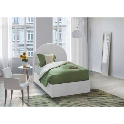 Dmora - Cama individual Dcolpan, Cama contenedor con revestimiento de tela, 100% Made in Italy, Apertura frontal, con colchón 80x190 cm incluido, Blanco (1/4)