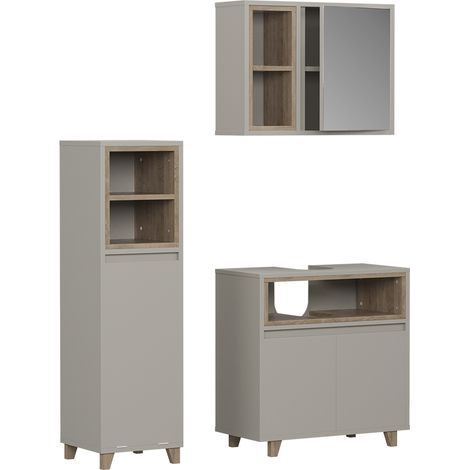 Badmöbel-Set Elnor, Greige/Eiche, 3 Teile mit Midischrank, Vicco