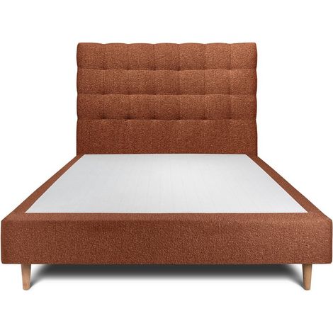 Lit 150x200cm avec tête de lit capitonnée bouclette et sommier tapissier terracotta - Hauteur totale : 35cm (1/5)