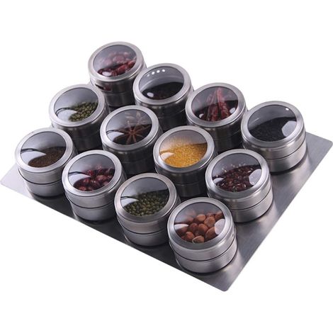 12 botes magnéticos para especias, base de acero inoxidable, tapa de PET, montaje en pared o refrigerador, cocina/oficina (1/5)