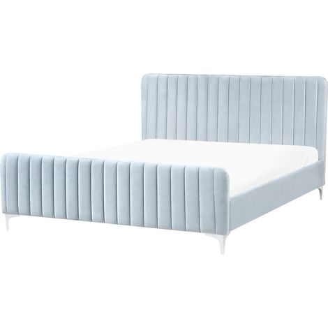 Cama con somier de terciopelo con cabecero acolchado 180 x 200 cm patas de metal azul claro Lunan
