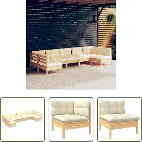 Terrassensofa - 7-tlg. Garten-Lounge-Set mit Creme Kissen Massivholz Kiefer (1/5)