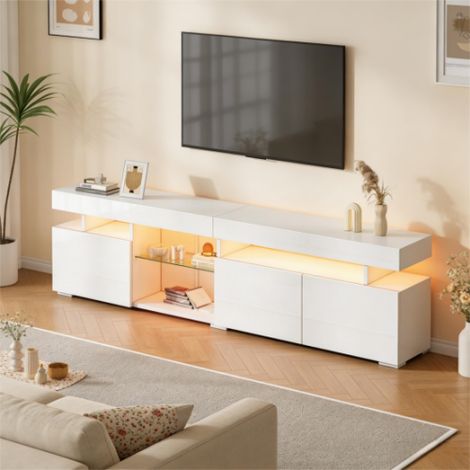 Mueble para TV blanco brillante con LED y 3 puertas, gran almacenaje con nicho acristalado regulable, 180x35x45 cm, diseño moderno (1/5)