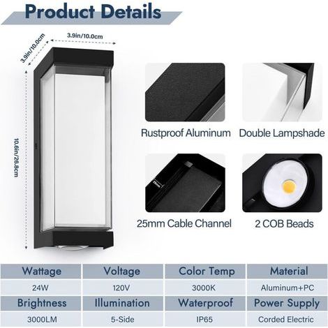 Applique murale extérieure LED 24W – 3000 lm, 3000K blanc chaud, IP65 étanche, design double abat-jour, lampe murale pour porche et façade (1/3)