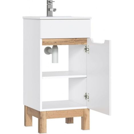 Meuble sous vasque simple 84 cm – Structure en panneaux stratifiés blanc alpin – Façades en MDF blanc brillant – Autoportant à monter soi-même – Comad (1/3)