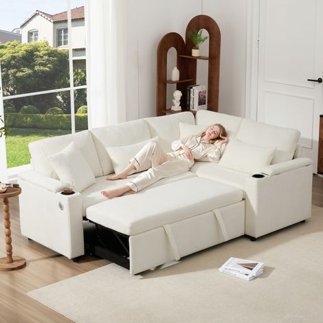 Canapé convertible 4 places avec rangement, USB et porte-gobelet, récamière droite, beige (1/5)
