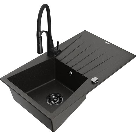 Mexen Cesar fregadero de cocina de granito de 1 compartimento con escurridor y grifo de cocina Aster, negro/oro metálico (1/5)