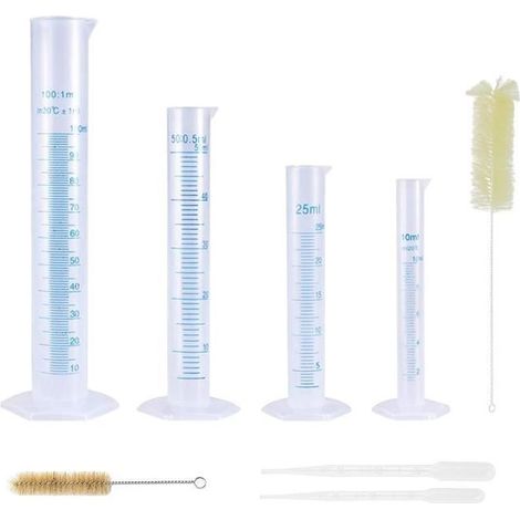 4 Pcs Cylindre Gradué en Plastique Mesure Liquide pour Laboratoire Cuisine avec 2 Brosses de Nettoyage et 2 Pipettes Compte-goutte (1/4)