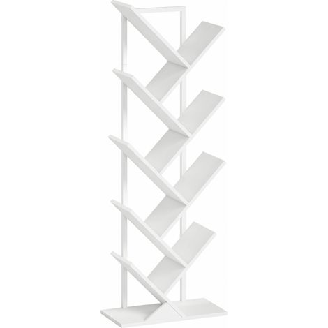 Bibliothèque arbre industrielle blanche à 8 compartiments, étagère haute compacte avec cadre en métal, pour livres, CD et DVD, idéale petit espace CHICFURN (1/5)