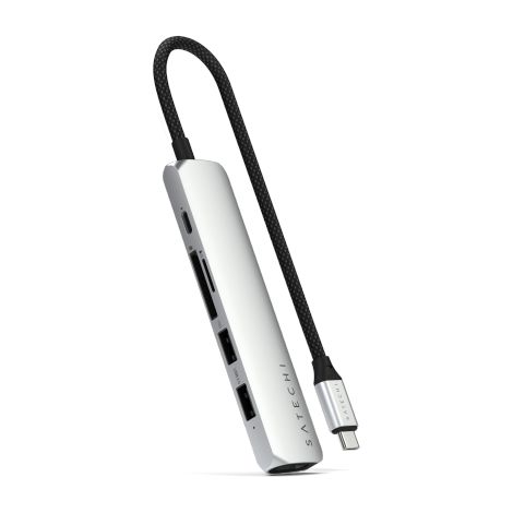 Adattatore multiporta sottile Satechi 6 in 1 USB-C - adattatore in alluminio per dispositivi mobili USB-C (USB-C, 2x USB-A, HDMI 4K, lettore di schede micro/SD) (argento) (1/3)