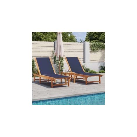 Chaises longues lot de 2 bleu bois d'acacia solide et textilène (1/5)