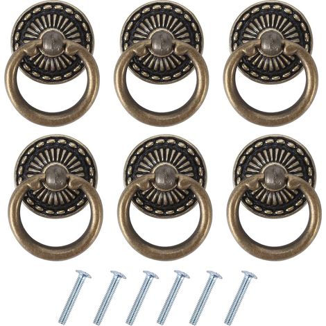 Lot de 6 poignées - Poignée de cuisine - Anneau pendant en bronze vieilli - Poignées de tiroir pour commode - Poignées pour meubles de cuisine - Quincaillerie pour meubles - Poignées - Bronze (1/4)