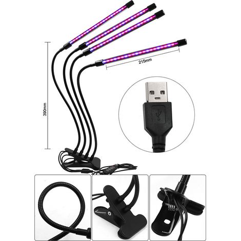 Ortviai Lampe de croissance pour plantes avec pince, spectre complet USB, minuterie 3/9/12 h, 9 niveaux de luminosité, 20 W