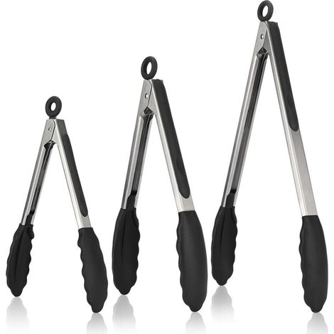 Lot de 3 Pinces Barbecue en Acier Inoxydable Ustensiles Cuisine avec Poignée SiliCône Résistante à La Chaleur Pince Buffet Anti-adhé, sans BPA (Noir)-Fei Yu (1/5)