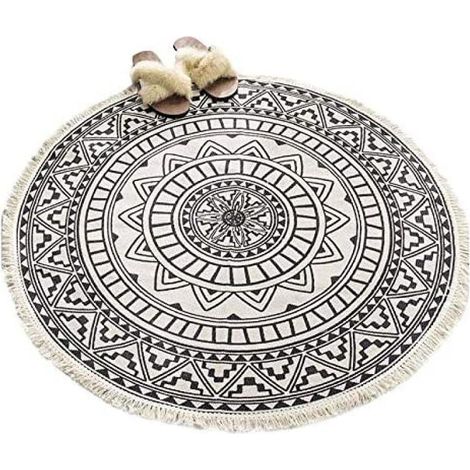 Tapis vintage marocain gris à franges, lavable, rond, 120 cm, en coton (1/5)