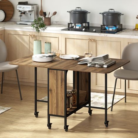 Table à manger pliante sur roulettes, table de cuisine pour 6 personnes avec étagère intégrée, 130 x 80 x 74 cm, marron (1/5)