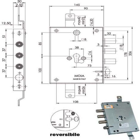 Serratura Blindata Moia 664371 con Cilindro Triplice E 73, 3 Catenacci e Sicurezza Elevata