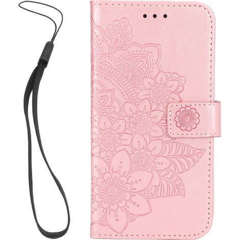 Étui de téléphone compatible avec Samsung Galaxy S22, étui portefeuille à rabat en cuir PU, motif floral en relief, avec clip de fixation, couleur or rose (1/5)